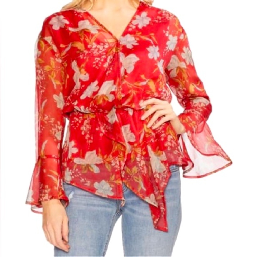 Vince Camuto Womens Flutter Cuff Peplum Blouse red floral size medium